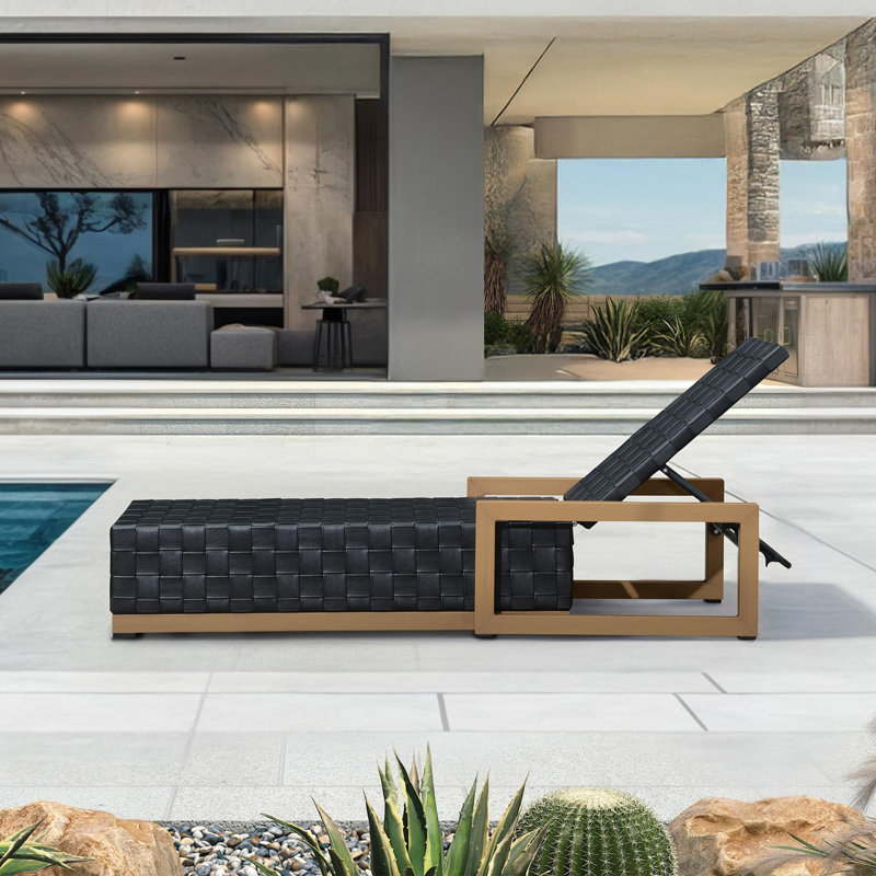 Pu Leather Outdoor Chaise Lounger 1 Piece Aluminum Pool Lounge Chair With 5-position Adjustable Backrest, Black/Brown