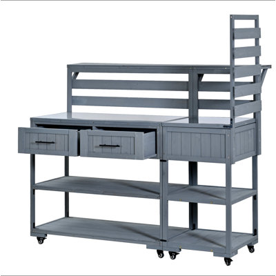 Chariot de cuisine en bois massif pour îlot de cuisine 62,3 po avec plateau en acier inoxydable, banc de jardin avec tablette surélevée et tiroirs, table de préparation pour barbecue, fête