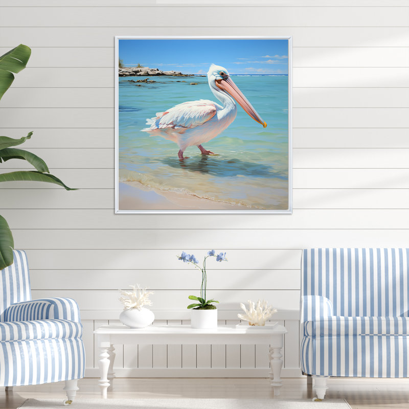 Art tropical sur toile de pélican tropical, Cadre flottant blanc, H 36 po x l 36 po x P 1,5 po