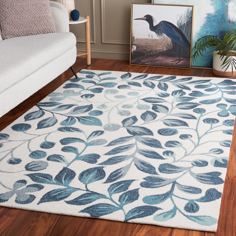 Jardin Tufted Wool Cotton Floral Rug in Ivory/Blue, Rectangle 5' x 8'