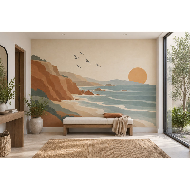 Papier peint mural rétro représentant un coucher de soleil sur des falaises côtières, 160 po x 108 po, Non tissé
