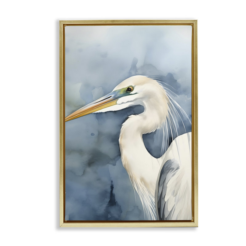 Oiseau de plage sur toile bleue encadrée par Petal Prints Design, H 25 po x l 17 po, Cadre flottant métallique doré
