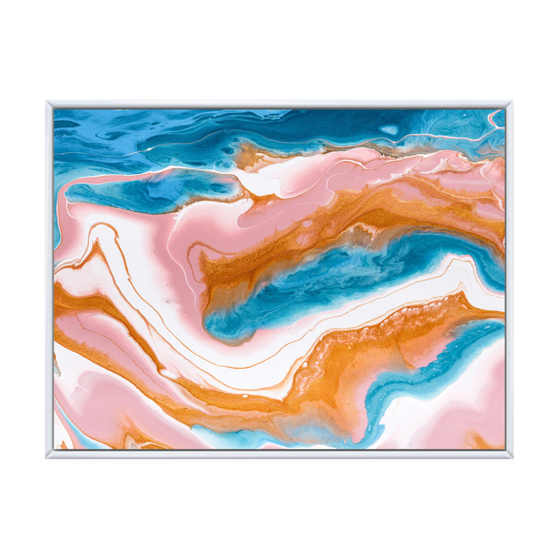 Orange orange bleu et rivières en marbre blanc - peinture sur toile, H 24 po x l 32 po, Cadre flottant blanc