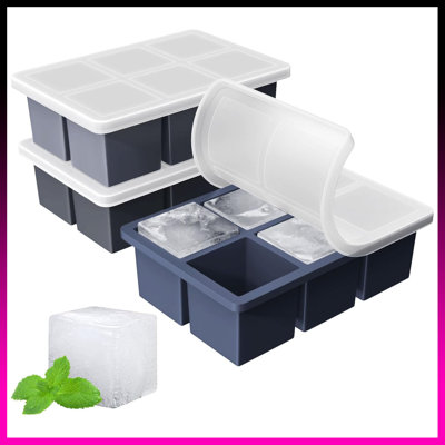 3-Pack Large Silicone Ice Cube Trays - 2 Inch Big Square Ice Molds For Whiskey & Cocktails, Old Fashioned Whisky Cube Maker (Huge Slow-Melting Cubes)