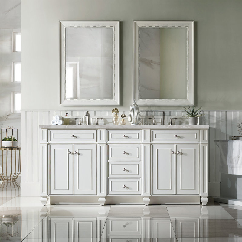 Meuble-lavabo double l 72 po Bristol, Blanc brillant, Argent victorien, 8 po