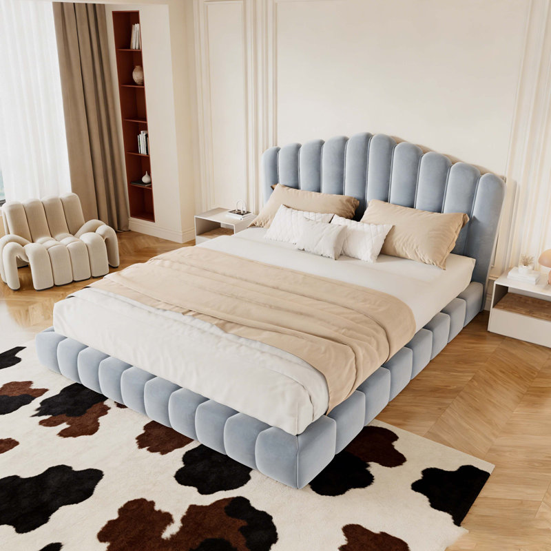 Tête de lit tapissier en velours pour lit de grand lit, sans sommier tapissier, bleu clair, Bleu clair
