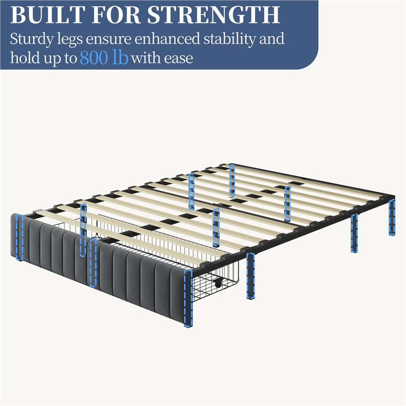 Modern Upholstered Bed Frame with Storage, Full, Dark Grey
