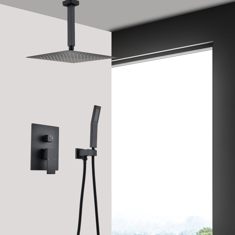Matte Black Ceiling Mounted Shower Package - 12" Head & Handheld Natural Rainfall Self-Cleaning Faucet Brass Manufactured In Product