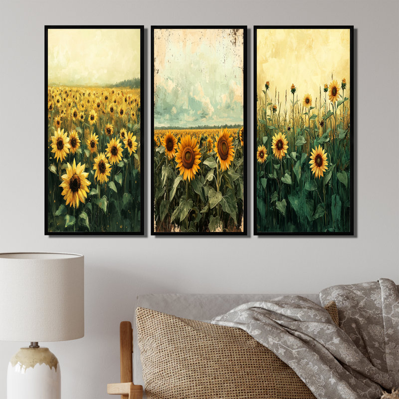 Été tournesol pré dans la prairie I - Collection d'art mural traditionnel, H 40 po x l 60 po, Impression encadrée flottante