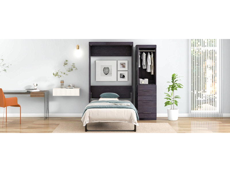 Lit escamotable avec armoire et tiroirs, lit escamotable, peut être plié dans une armoire, gris, Lit simple