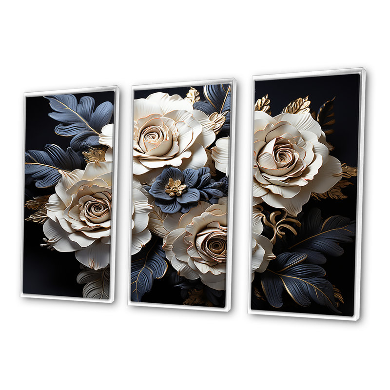«Gray and Gold Rose Passion I - Roses», ensemble de reproduction d'art mural, Cadre flottant blanc