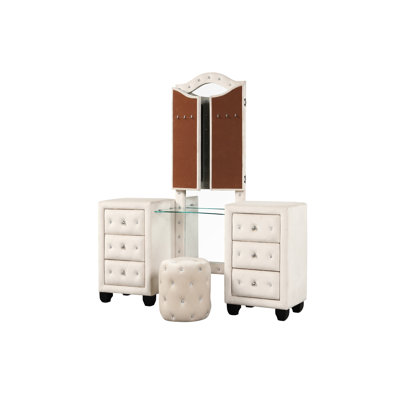 Meuble-lavabo à 6 tiroirs de style contemporain en crème, design, miroir et tabouret, grand revêtement de velours doux moderne, poignées en cristal, solution pour chambre à coucher
