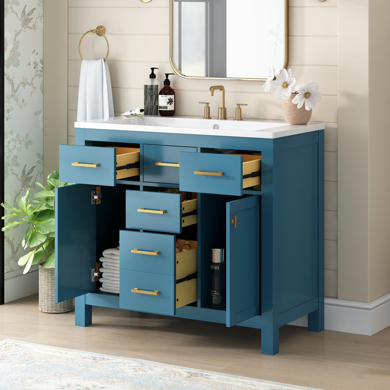 Ensemble de meuble-lavabo avec lavabo en résine, armoire simple autoportante moderne, 4 tiroirs et 2 armoires, structure en bois massif