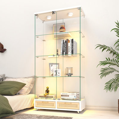 Modern Glass Display Cabinet With Large Drawers,Quick-Assembly Antique Cabinet With LED Lights,Empered Glass Bookshelf,2-Door Storage Case With 4 Shelves For Living Room And Bedroom,White And Natural