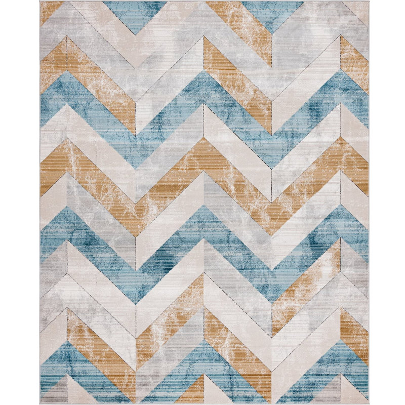  Tapis à chevrons beige / bleu, Rectangulaire 8 pi x 10 pi