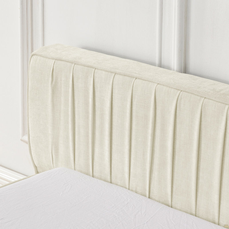Structure de lit tapissier grand format avec tissu en chenille avec motif plissé, lit plateforme grand format avec tête de lit et cadre solide