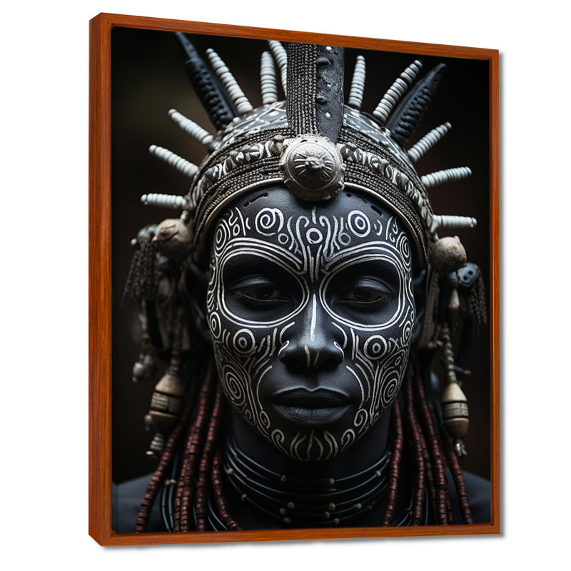 Masque africain Kiyansh Tribu V - imprimé, Cadre flottant brun, 32" H x 16" W