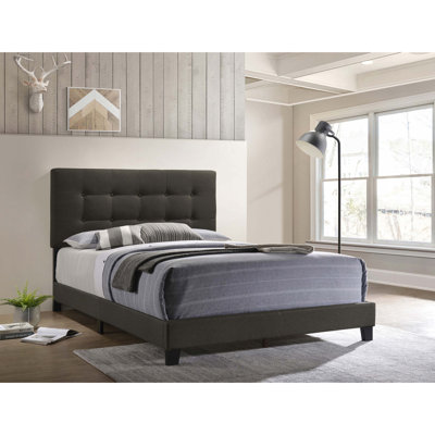 King Panel Bed With Charcoal Tone, Softly Wrapped In Material, Structured Headboard And , Box Spring Essential Bed,