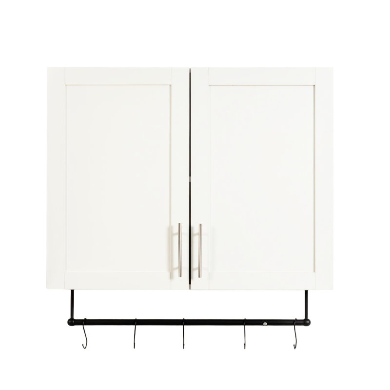 Armoire murale blanche pour salle de bain avec tablette réglable, barre à serviettes, 5 crochets - panneau de particules de 15 mm, pour l'organisation de la cuisine, rangement au-dessus de la toilette 31,68 x 11,79 x 30 po, armoire, blanc, crochets, tableau,