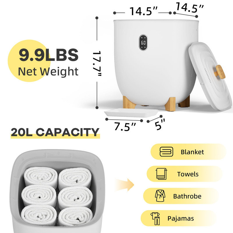 Seau chauffe-serviettes de 35 L avec poignée en bois, en ABS blanc, style spa, pour salle de bain, avec minuterie et arrêt automatique.
