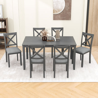 7-Piece Wood Dining Table Set for 6 with Rectangular Table and 6 Upholstered X-Back Chairs