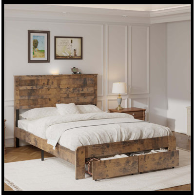 Full Size Wooden Platform Bed Frame With 2 Storage Drawers, 2 USB Ports & Storage Headboard Charging Station, Metal Slat Support, No Box Spring Needed, Dark Brown