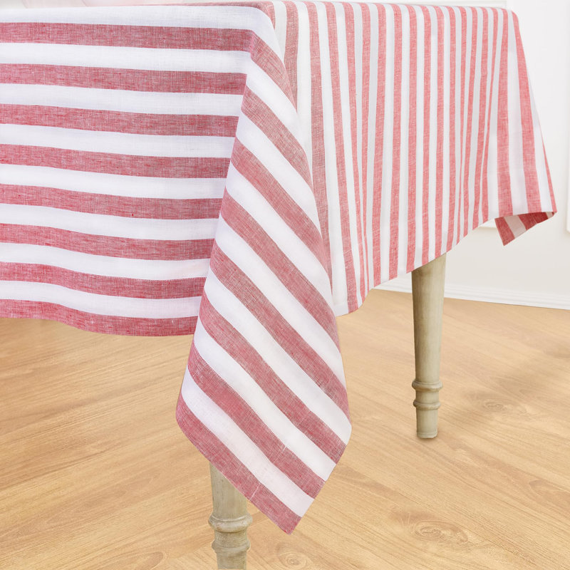 100% Pure Linen Tablecloth - Fete, 120" L x 60" W, Red/White