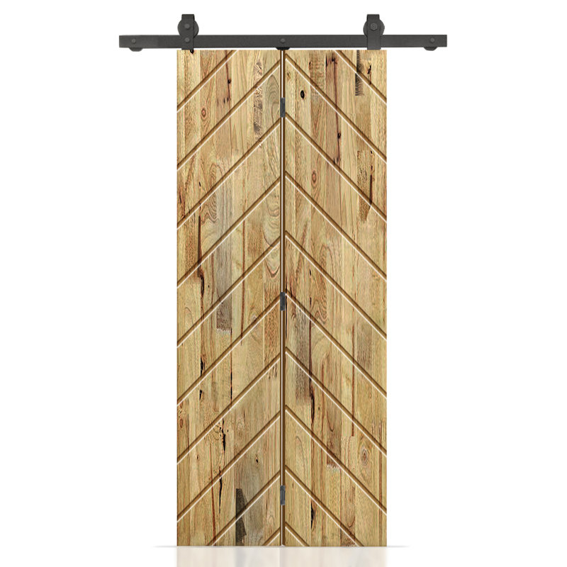 Stained Pine Wood Bi-Fold Barn Door with Sliding Hardware Kit, Weather Oak, 30" x 84"
