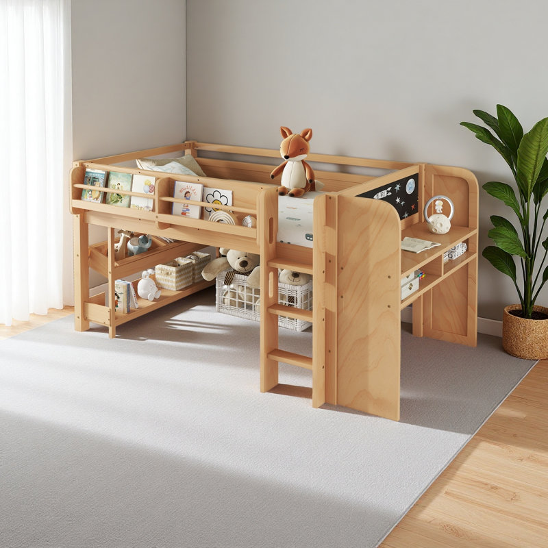 Loft Bed With Multi-Storage Bookcases, Boxes And Drawers, Solid Wood Low Loft Beds With Desk And Blackboard, No Box Spring Needed