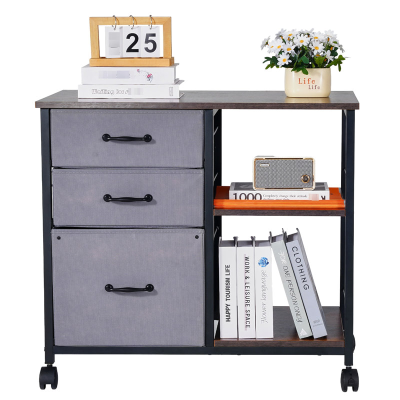 Classeur mobile avec 3 tiroirs en tissu et 2 tablettes ouvertes - Organisez des fournitures de bureau à structure stable et brune avec un espace de rangement spacieux pour la construction