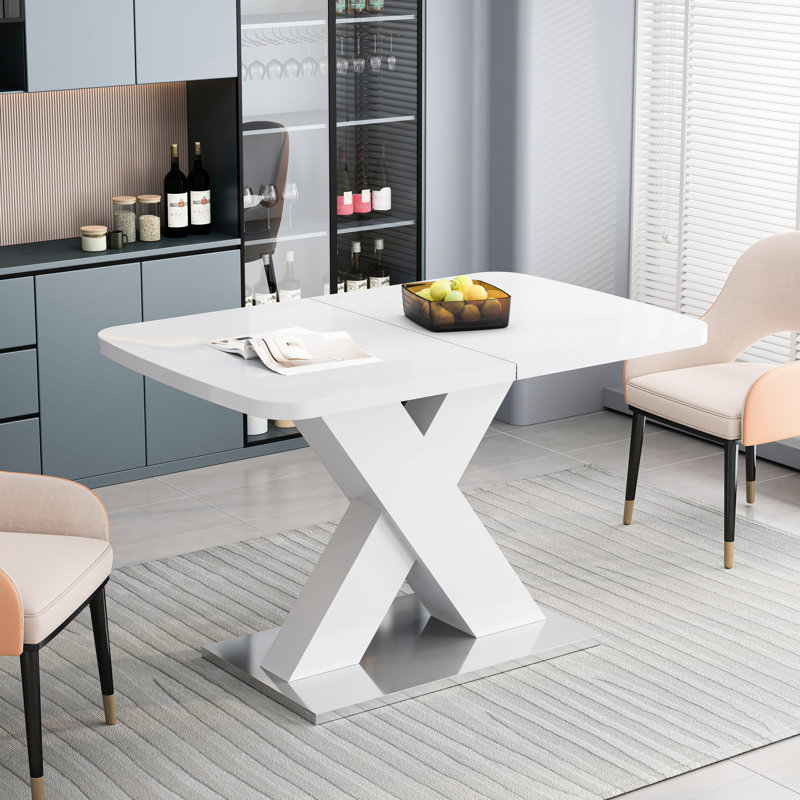 Table de salle à manger carrée blanche de style moderne, plateau extensible avec base en métal, table de salle à manger de 89,67 lb et structure en acier, H 29,42 po de hauteur