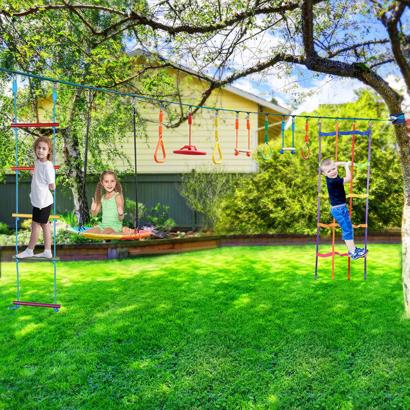 Multicolor 50ft Ninja Warrior Obstacle Course with Saucer Swing