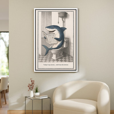 Shark Reading Newspaper on Toilet Canvas Wall Art, Comic Framed Art Print for Bold Bathroom Decor with Ocean Humor Style