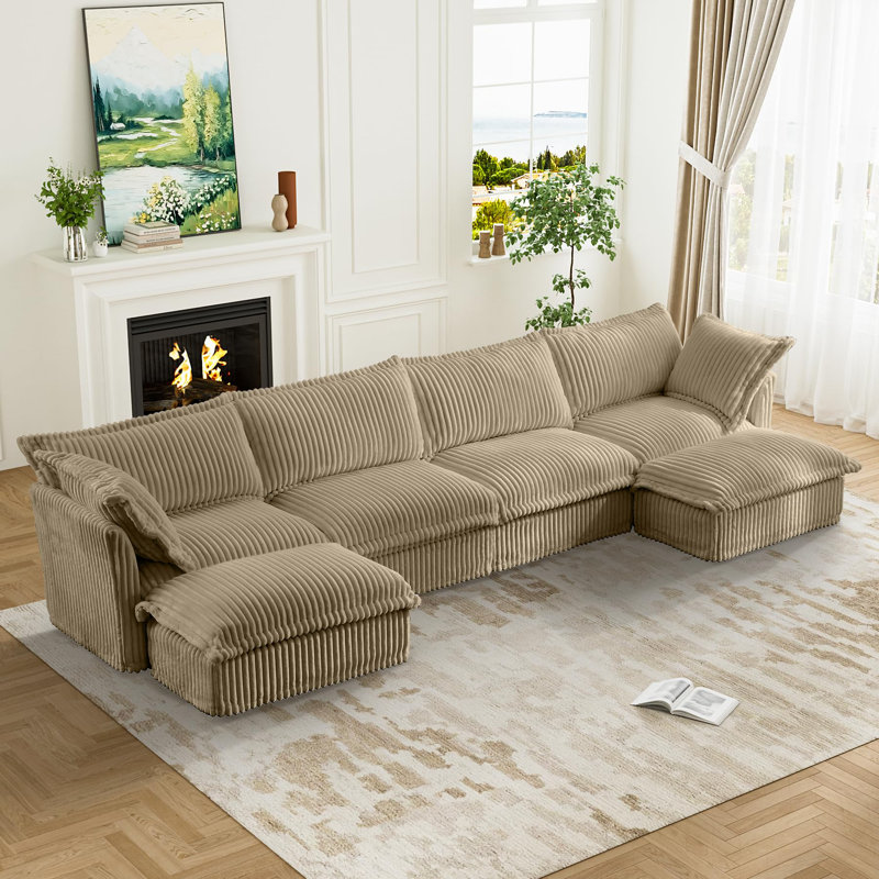 Slipcovered U Shape Sectional Wide and Deep Seat Sofa Couch, 4 Seater Sofa with French Edges Design Multiple Big Pillows, Soft Deep Seat Comfy Cloud Couch for Living Room, Apartment