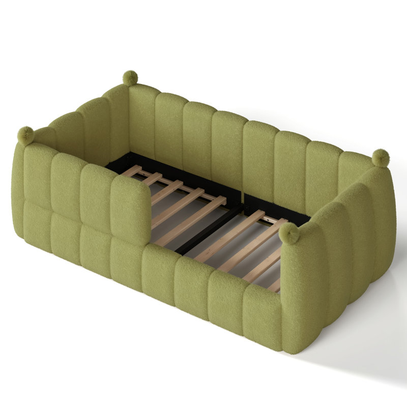 Lit simple tapissier pour lit simple pour enfants, lit de sol Montessori avec rails de sécurité, cadre pour lit d'enfant pour garçons et filles, vert