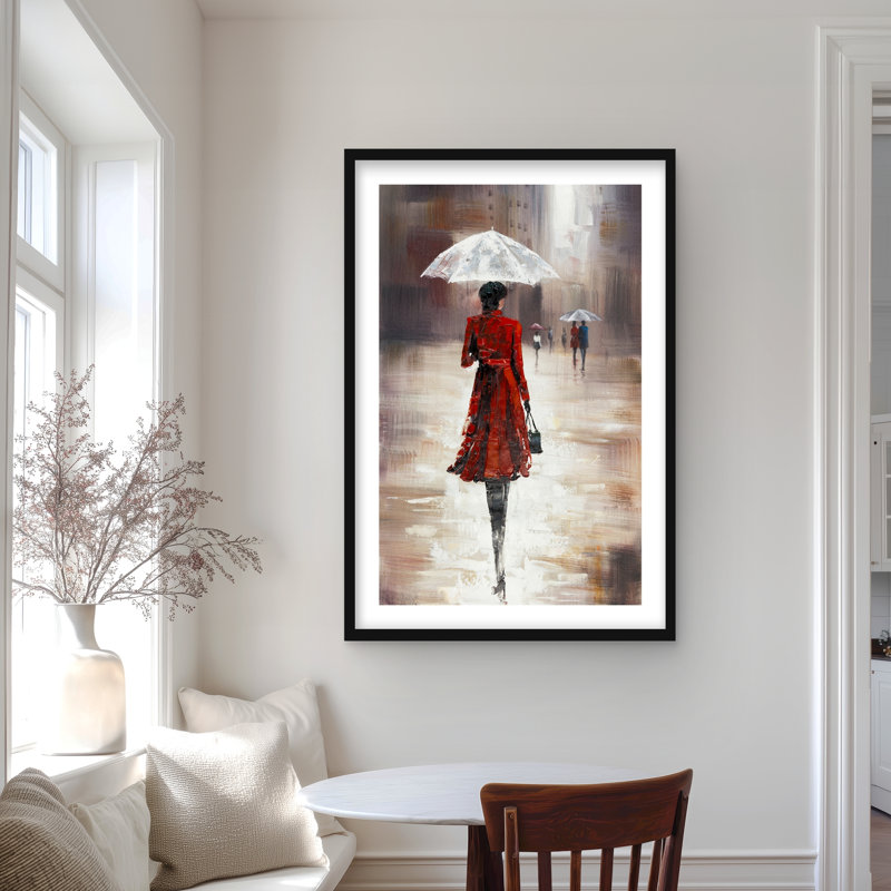 «Quiet Walk in the rain - Red Scenic», reproduction encadrée, Noir