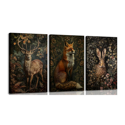3pcs Magical Woodland Animals Canvas Wall Art Dark Academy Wildlife Painting Picture Wall Decor Moody Flowers Style Poster Print Artwork for Living Room Bedroom Home Decoration 16x24in