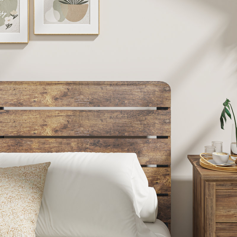Structure de lit double rustique avec tête de lit, lit plateforme robuste et silencieux avec support en lattes de bois, aucun sommier requis