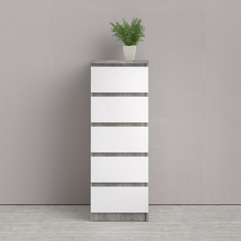 Caton 5 - Drawer Chest of Drawers, Concrete/White High Gloss