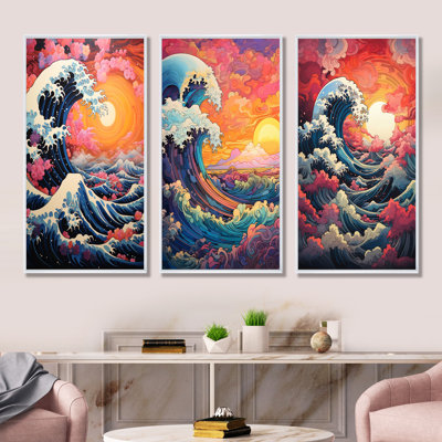 Coucher de soleil japonais sur les vagues de Kanagawa I - ensemble de 3 reproductions d'art sur toile