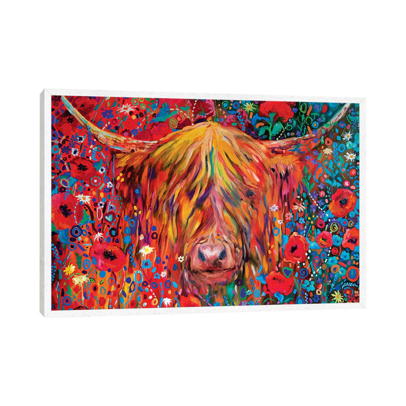 Poppy Cow by Sue Gardner - Painting on Canvas, 101.6 cm H x 66.04 cm W, White Framed