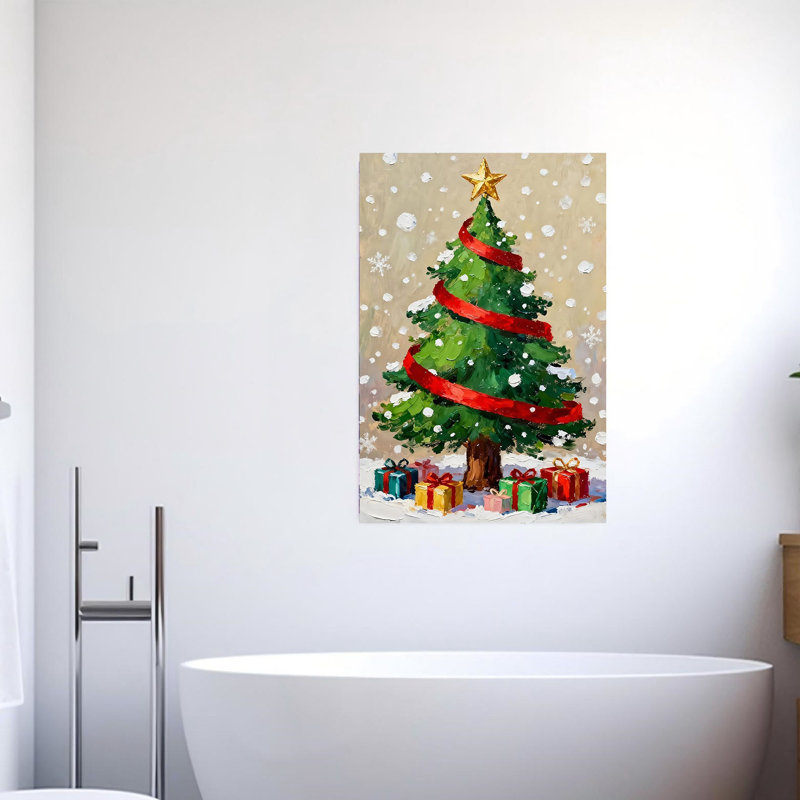 Arbre de Noël avec ruban rouge et cadeaux, art mural 24 po x 36 po