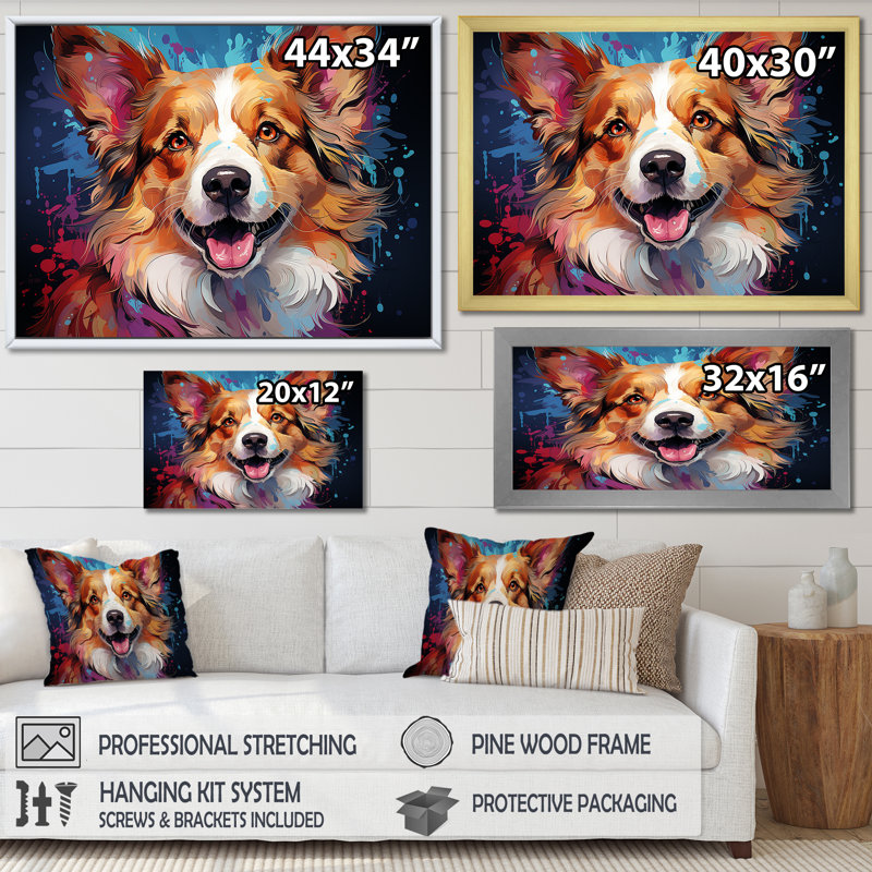 Corgi Charm I sur toile, Cadre flottant noir, H 44 po x l 34 po x P 1,5 po