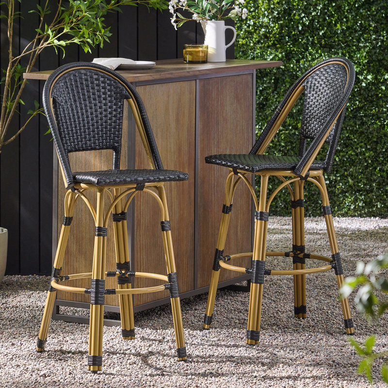 Ensemble de 2 tabourets de bar 29,5 po d'extérieur en rotin et aluminium français, finition noire et bambou