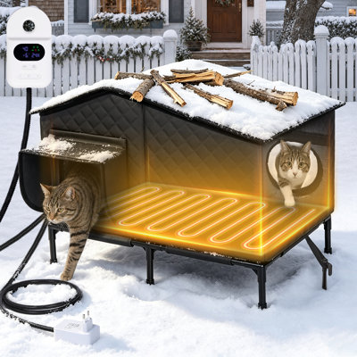 Cages pour chat chauffées intelligemment à l'extérieur 8 modes, activées par la pression, maison de chat d'hiver isolée et résistante aux intempéries, chauffage par induction imperméable, coussin de chauffage et de minuterie, base surélevée, porte de secours et fenêtre de toit, abri pour chats d'extérieur, L