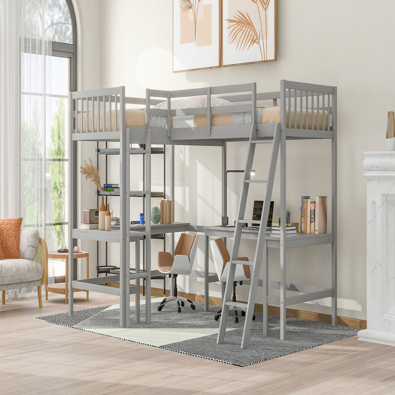 Lit mezzanine simple en bois en forme de L avec échelle et 2 bureaux intégrés en forme de L, Gris