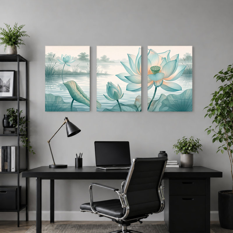 «Blue Lotus Flower Bud and Bloom in Misty Pond», ensemble de 3 toiles murales, H 30 po x l 20 po x 3 pièces