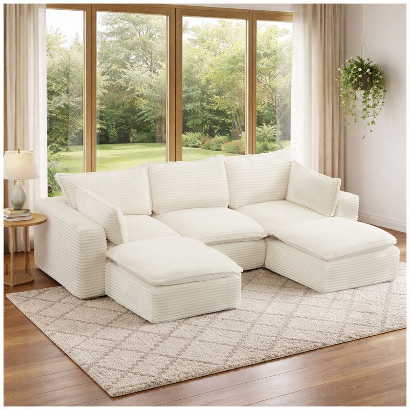 Canapé d'angle modulaire 109,4 po (278 cm) avec 5 places, configurations en U/L/lit, tissu en velours côtelé résistant aux animaux de compagnie, aucun assemblage requis, blanc