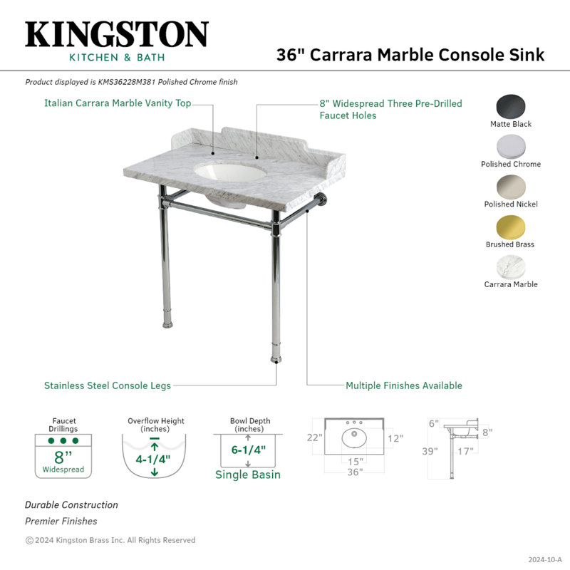Kingston Brass Wesselman 36-Inch Carrara Marble Console Sink with Stainless Steel Legs (8-Inch, 3-Hole), Brushed Brass