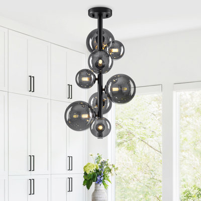 Modern Black Flush Mount Ceiling Light with Water-Transfer Wood Grain Metal Frame and Gradient Smoky Grey Glass Globes, 4-Light or 8-Light Option for Bedroom, Hallway, Kitchen - ETL Listed